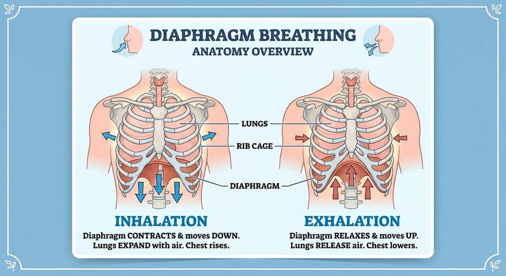 Medical illustration showing the diaphragm contracting during a hiccup