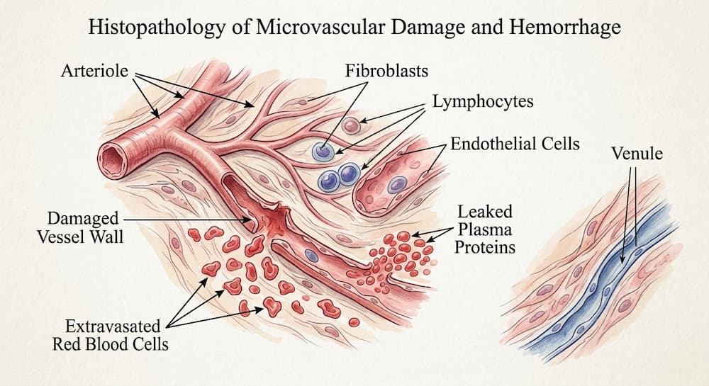 Diagram showing red blood cells escaping from a damaged blood vessel