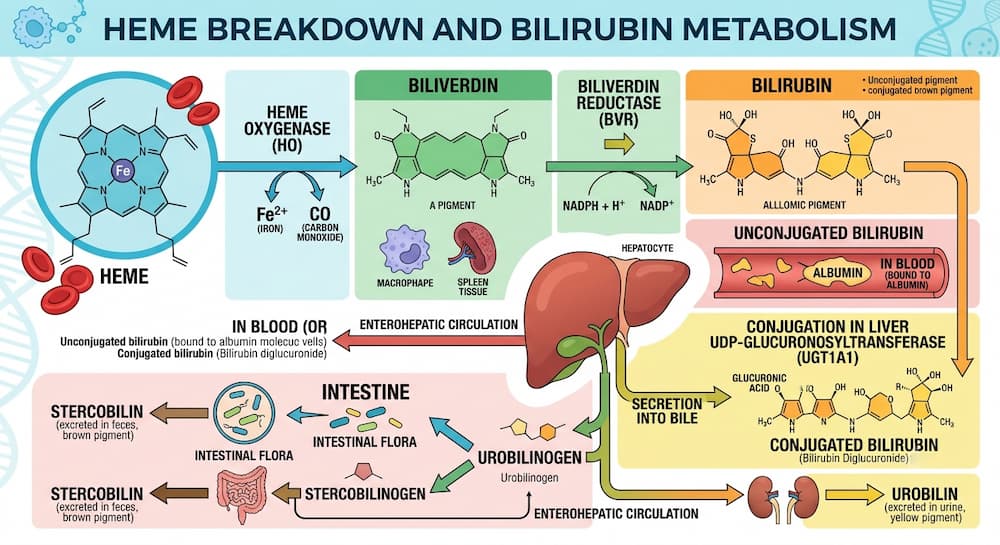 Heme breakdown pathway from hemoglobin to biliverdin and bilirubin