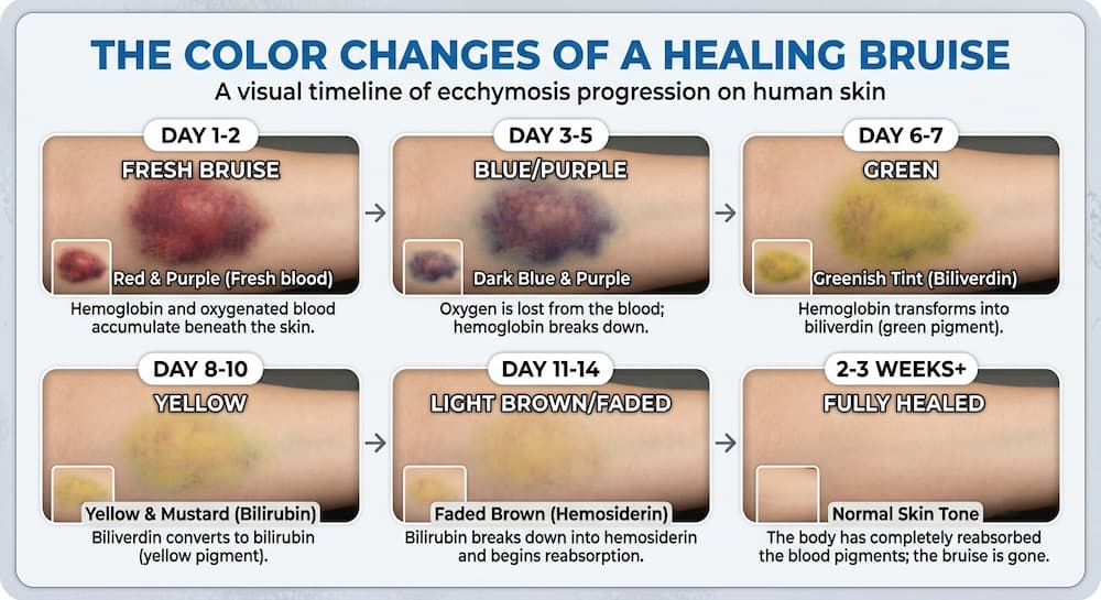 Color changes of a healing bruise from purple and blue to green and yellow
