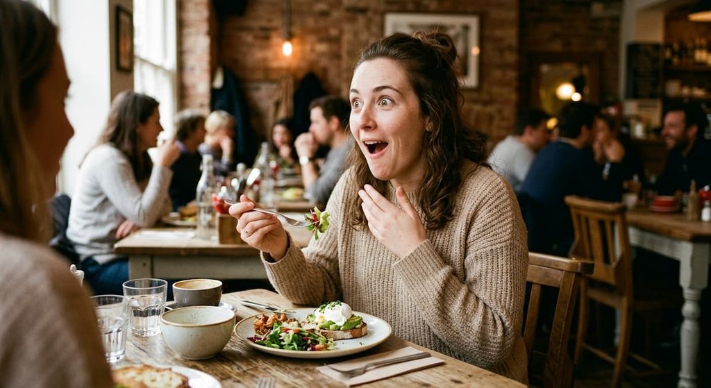 Person experiencing hiccups while eating a meal
