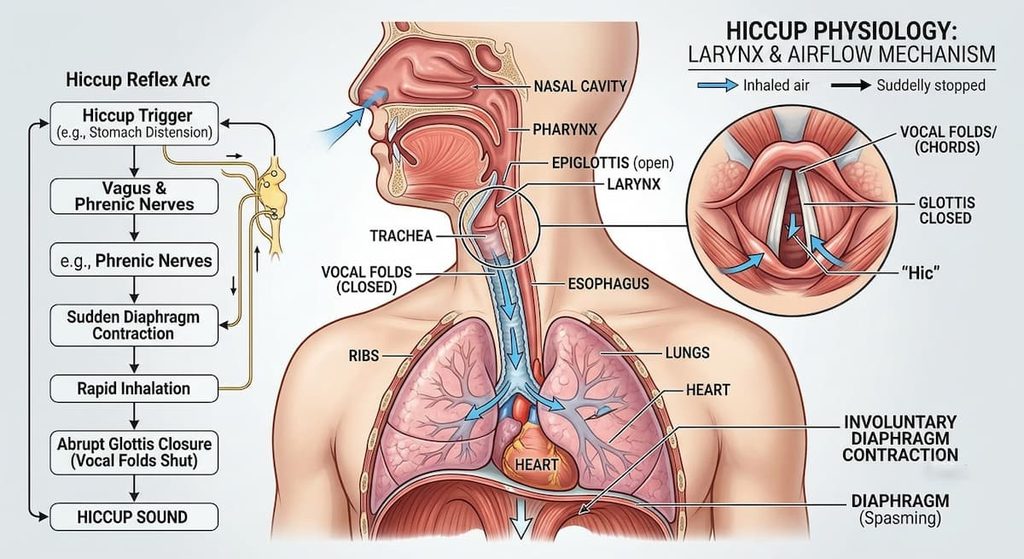 Illustration showing airflow and vocal cord closure during a hiccup