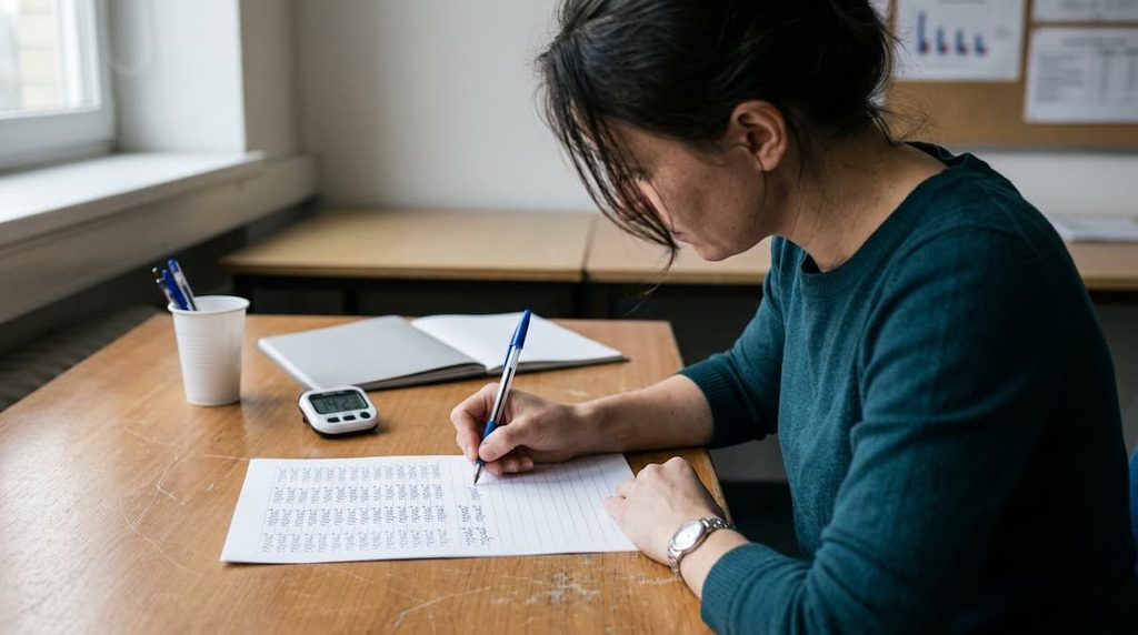 A participant repeatedly writing a word on paper during an experiment