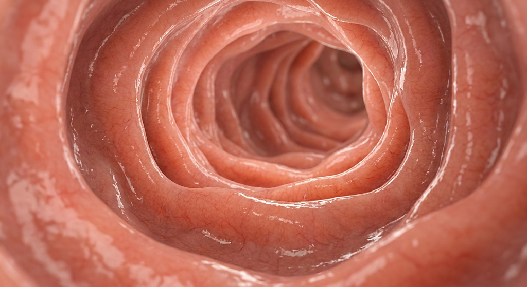 Close-up view of the folded mucosal surface inside a healthy stomach.