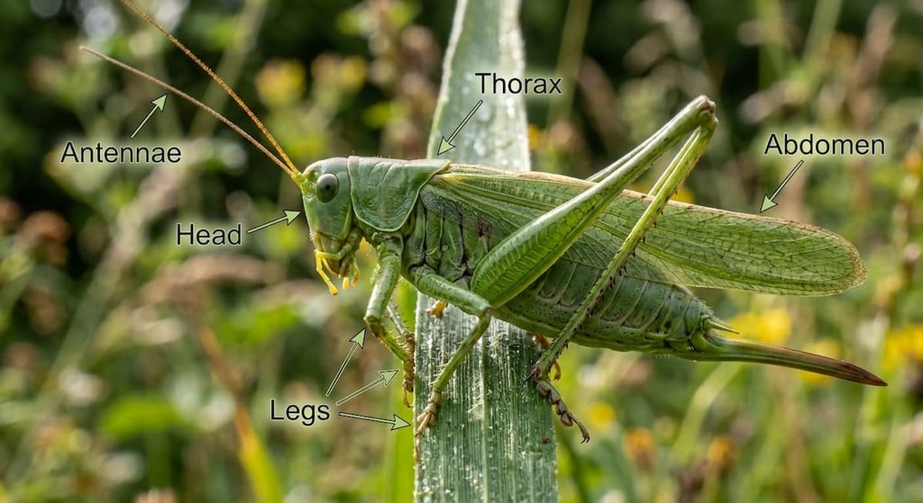 A grasshopper showing the three main body regions and six legs of an insect.