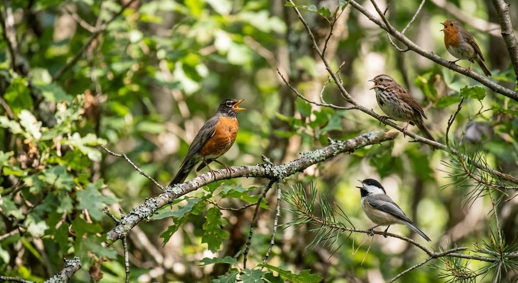 Birds calling from branches in a forest