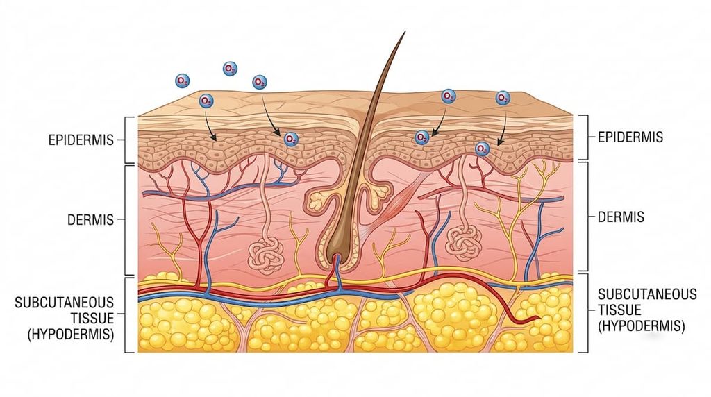 Cross-section of human skin showing its layers and superficial oxygen diffusion