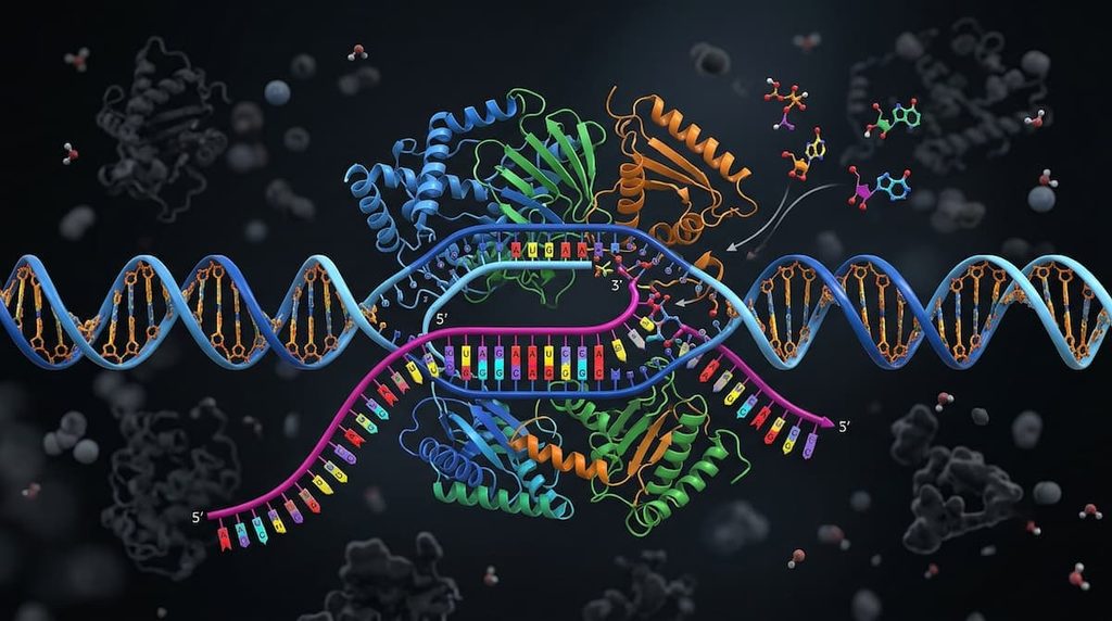 RNA polymerase synthesizing an RNA strand from a DNA template