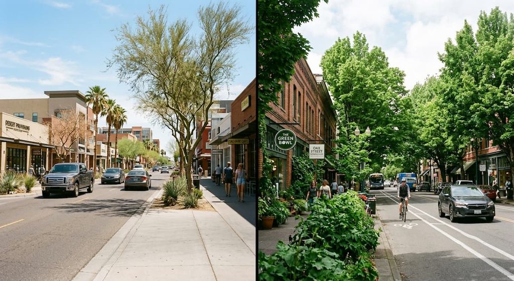 Urban trees growing in contrasting environmental conditions.