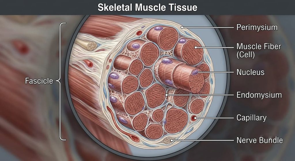 Scientific illustration showing skeletal muscle fibers and surrounding connective tissue