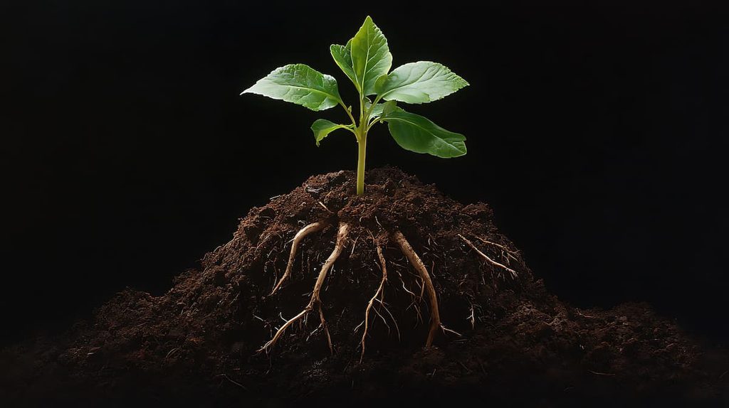 A young seedling with branching roots extending through soil