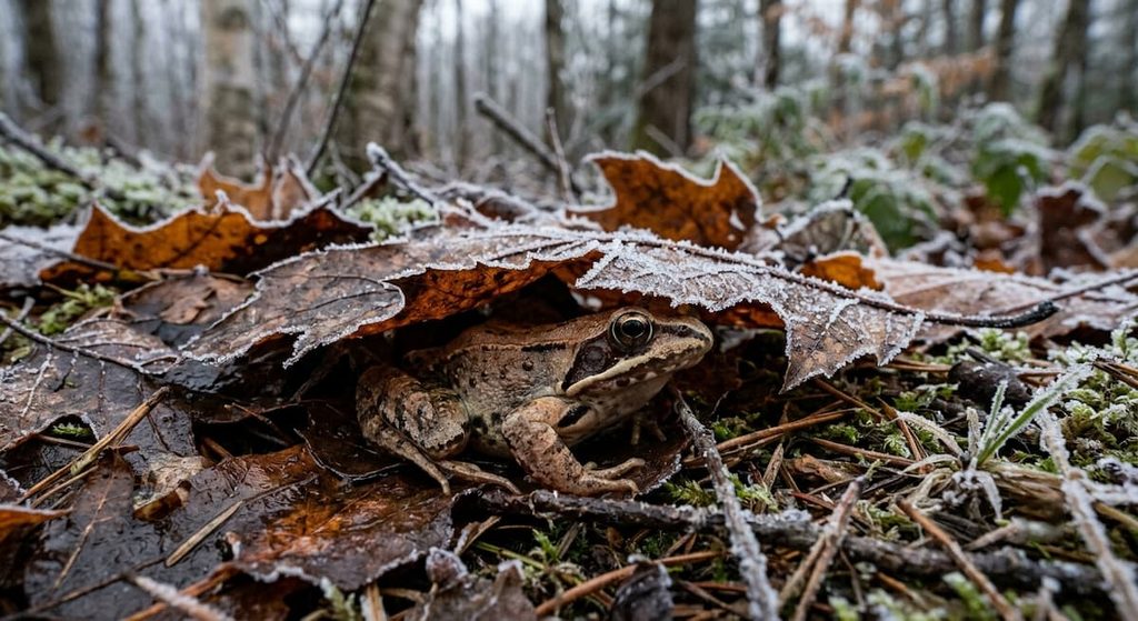 Wood frog sheltered beneath fallen leaves in a cold winter habitat