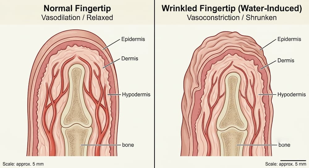 Diagram showing fingertip vasoconstriction and skin wrinkling after water exposure