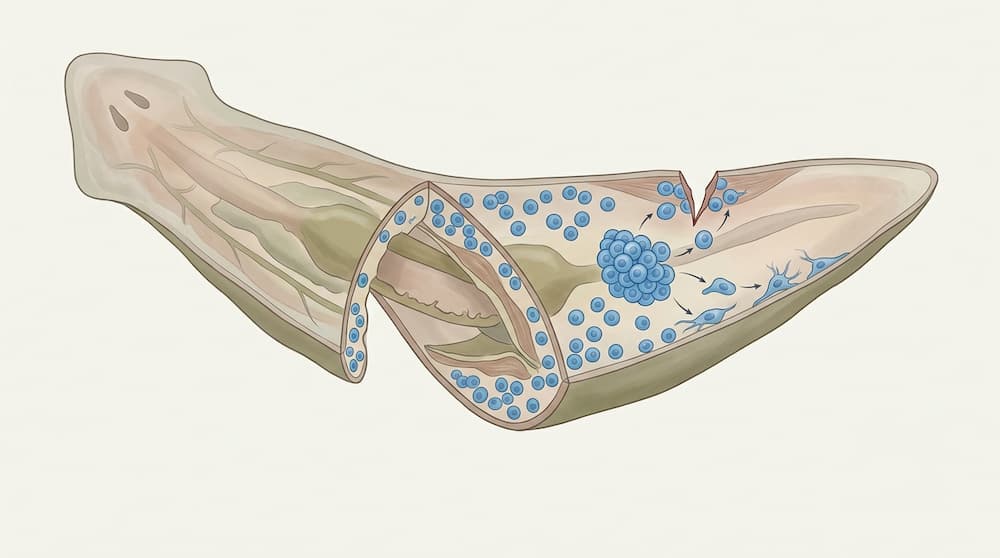 Scientific illustration of planarian neoblast stem cells producing replacement cells for tissue regeneration.