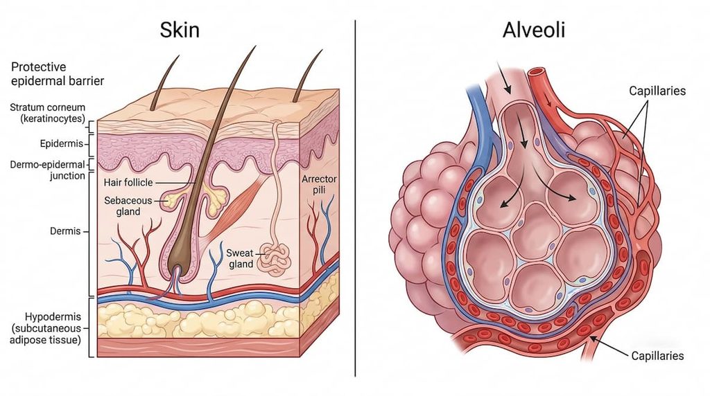 Comparison of the human skin barrier and lung alveoli
