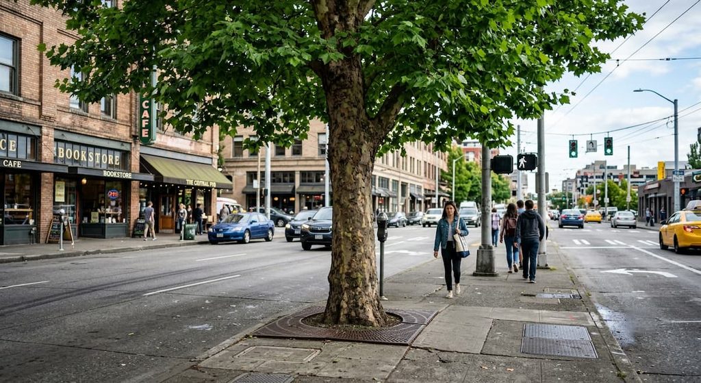 A street tree growing in a restricted pavement planting pit.