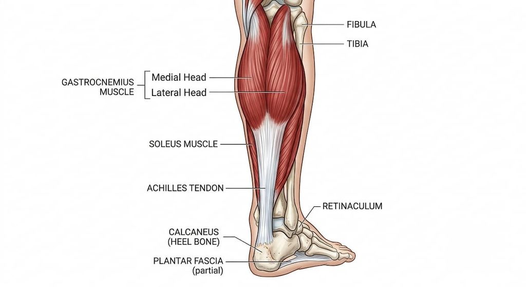 Anatomical illustration of the Achilles tendon connecting calf muscles to the heel