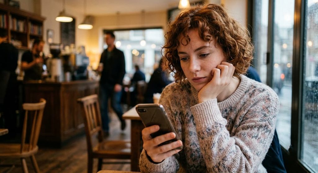 A person reflecting on another person's achievements while viewing a smartphone