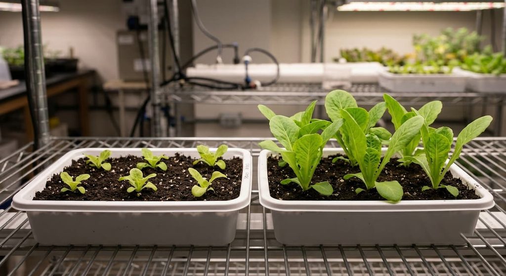 Lettuce seedlings showing differences in early growth