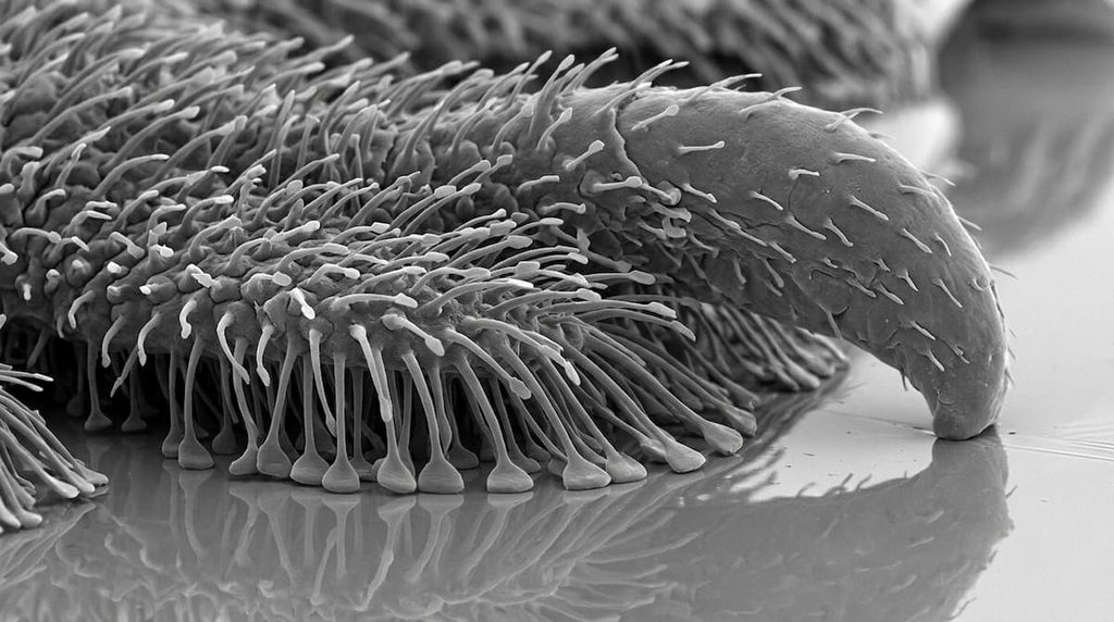 Tiny spatula-shaped structures on a gecko foot contacting a smooth surface