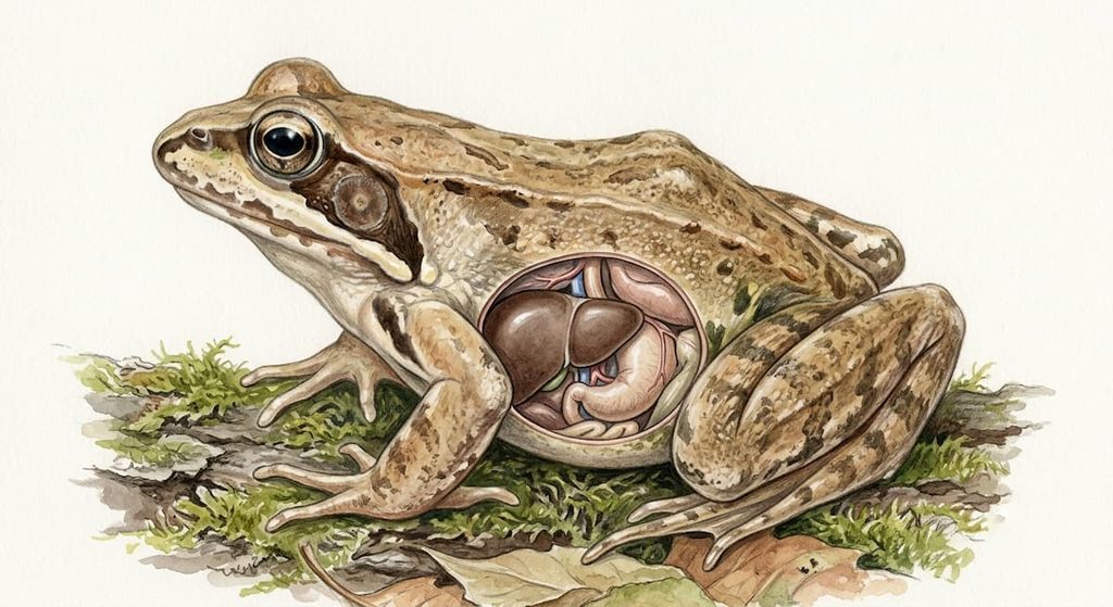 Wood frog anatomy highlighting the liver involved in glucose mobilization
