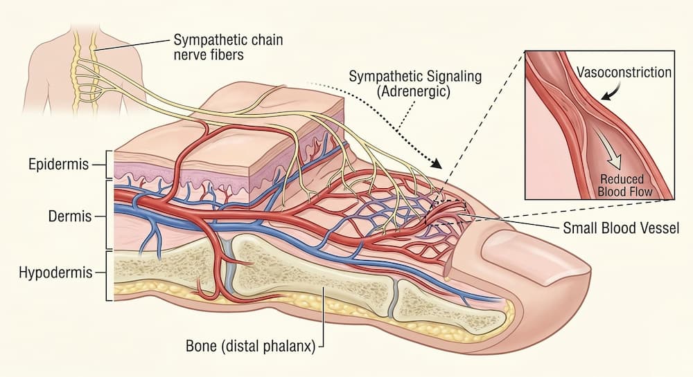 Diagram showing sympathetic nerve control of fingertip blood vessels