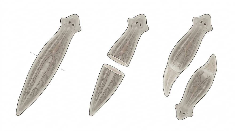 Three stages of planarian regeneration showing an intact flatworm, separated body fragments, and regrowth of missing structures.