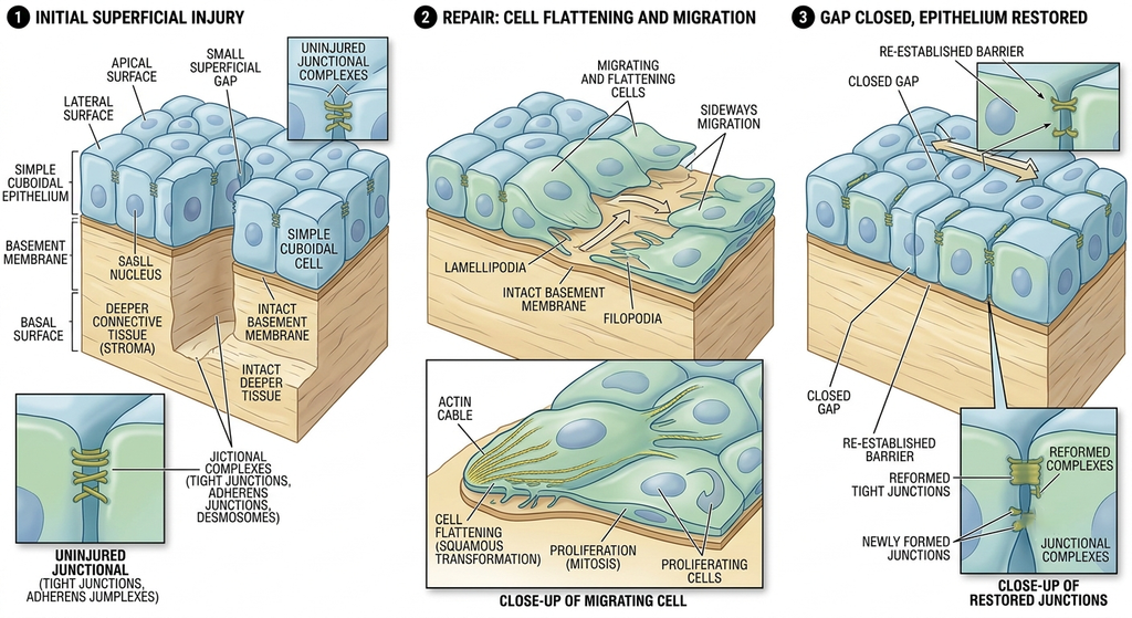 Scientific illustration of neighboring epithelial cells migrating to cover a small superficial gap.