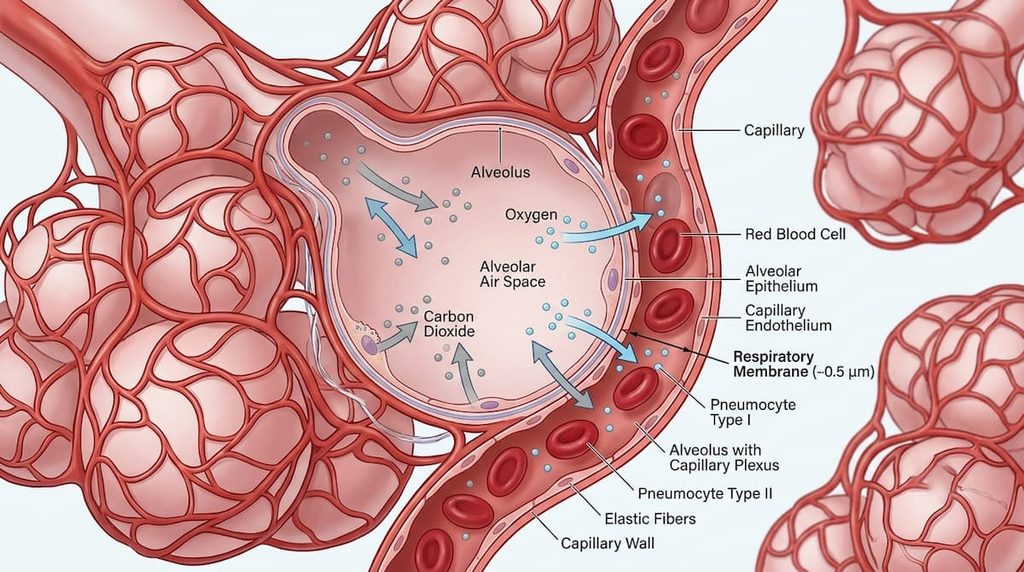 Gas exchange between lung alveoli and surrounding blood capillaries