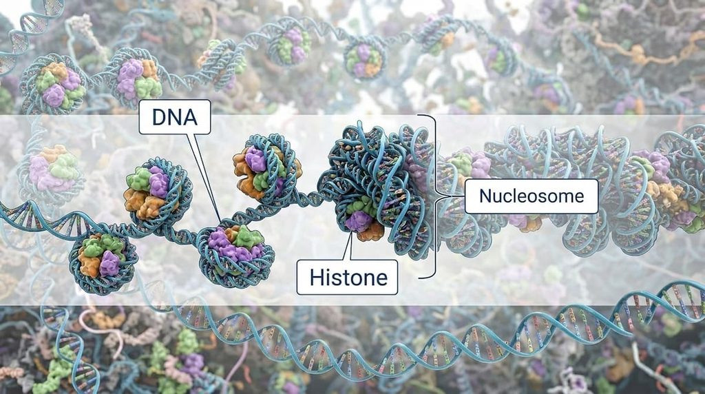 DNA wrapped around histone proteins in chromatin