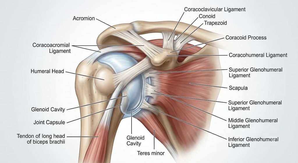 Anatomical illustration of the shoulder joint capsule and supporting ligaments