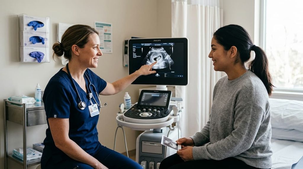 Clinician reviewing an early pregnancy ultrasound