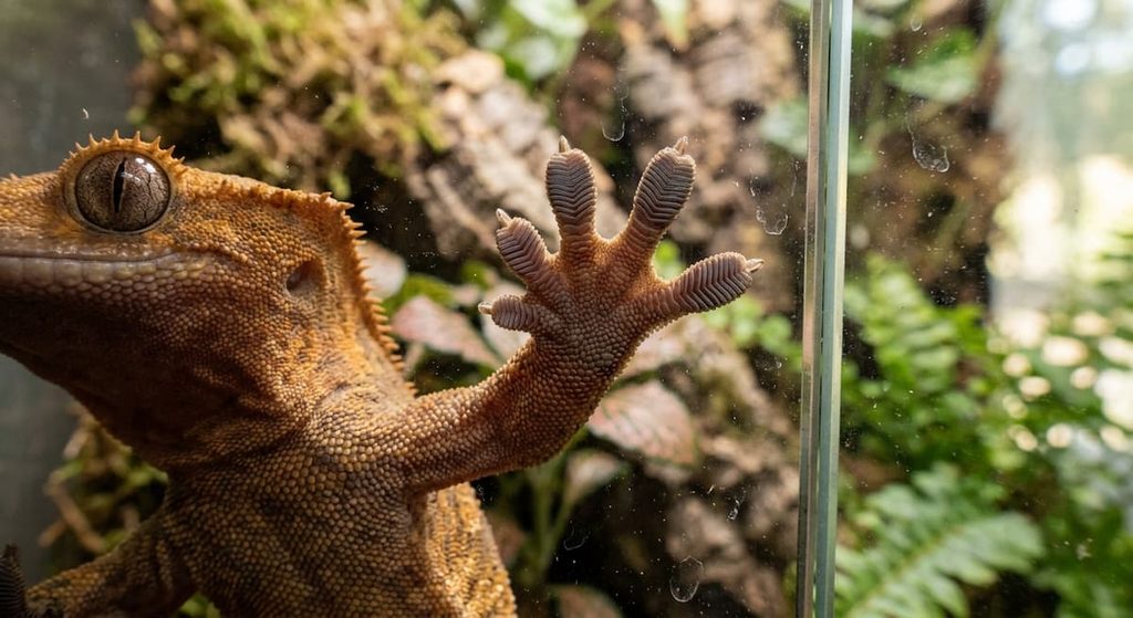 Gecko toes gripping a smooth surface during climbing