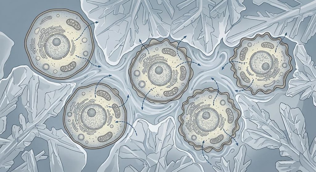 Illustration of extracellular ice formation and water movement around animal cells