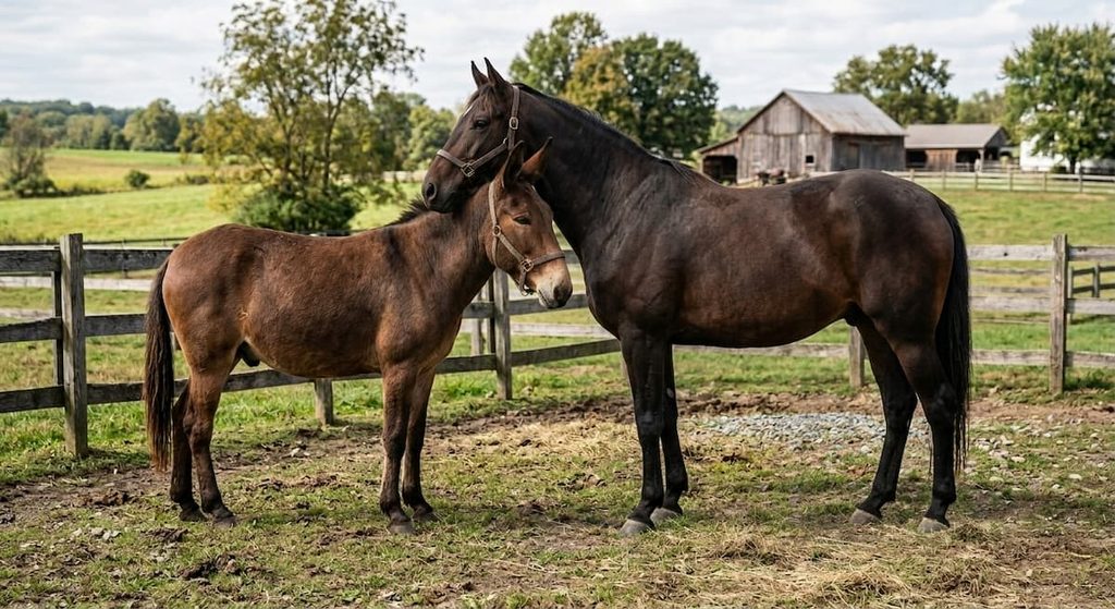 A mule and a horse illustrating how different species can produce hybrid offspring.