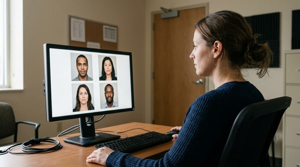 A participant examining portrait photographs during a face-recognition