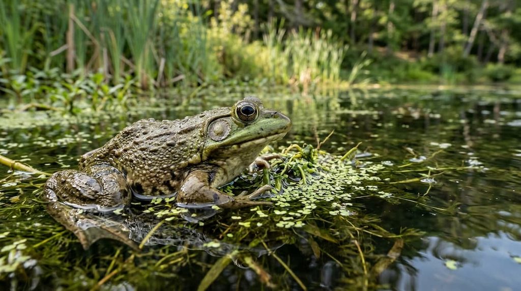A frog resting in freshwater with its moist skin exposed