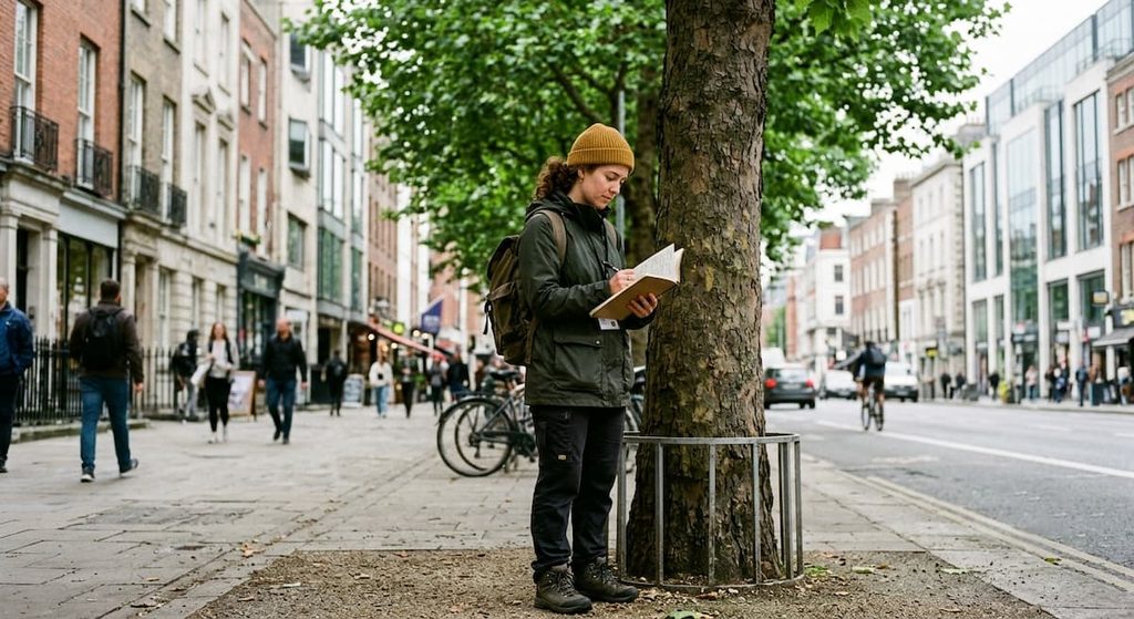 An urban ecologist surveying trees along a city street.