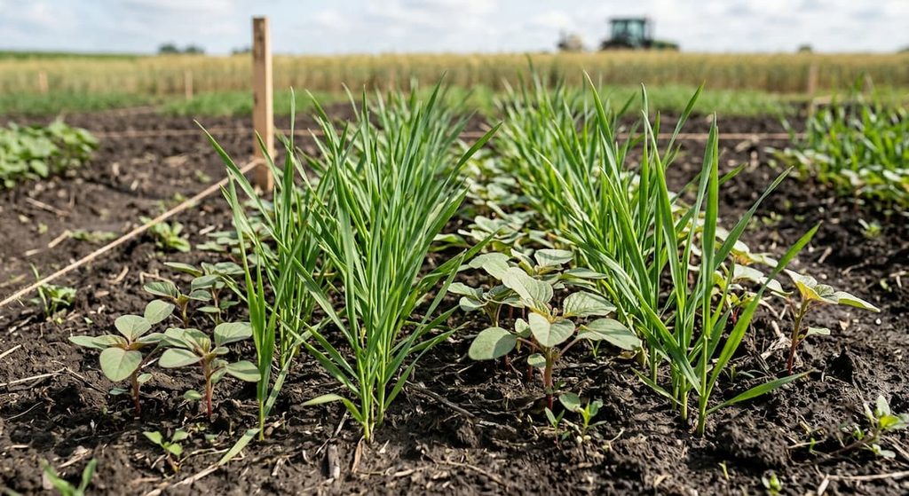 Young rye plants growing near redroot pigweed seedlings in an agricultural research plot