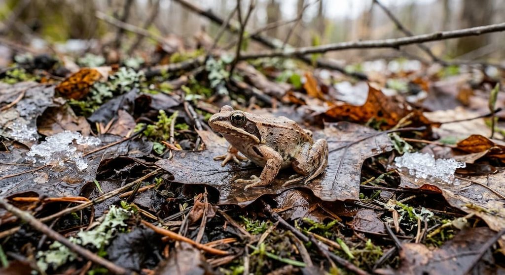 Wood frog on damp leaves during the spring thaw