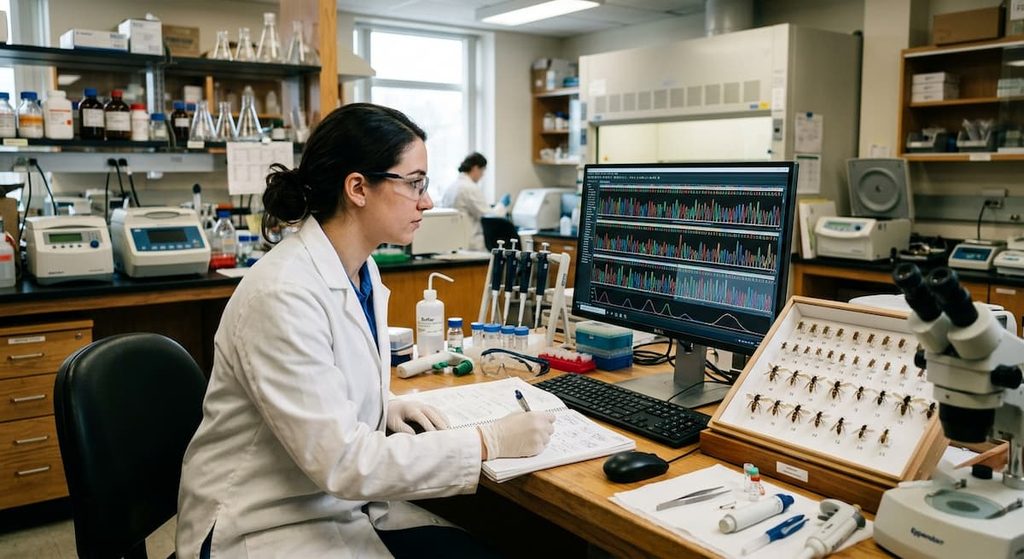 A scientist analyzing DNA data to help distinguish closely related species.