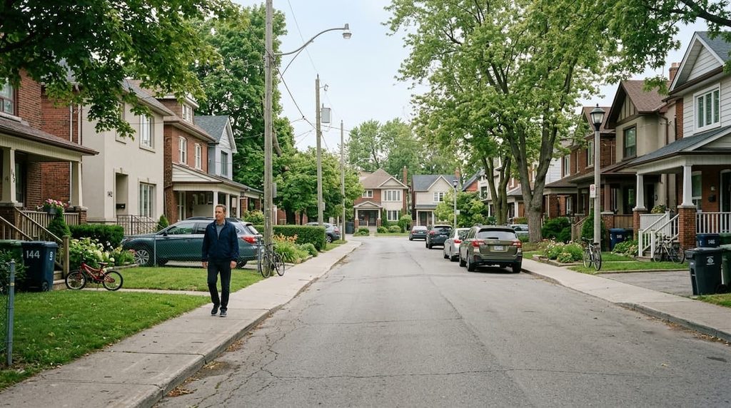 A person walking along a familiar residential street