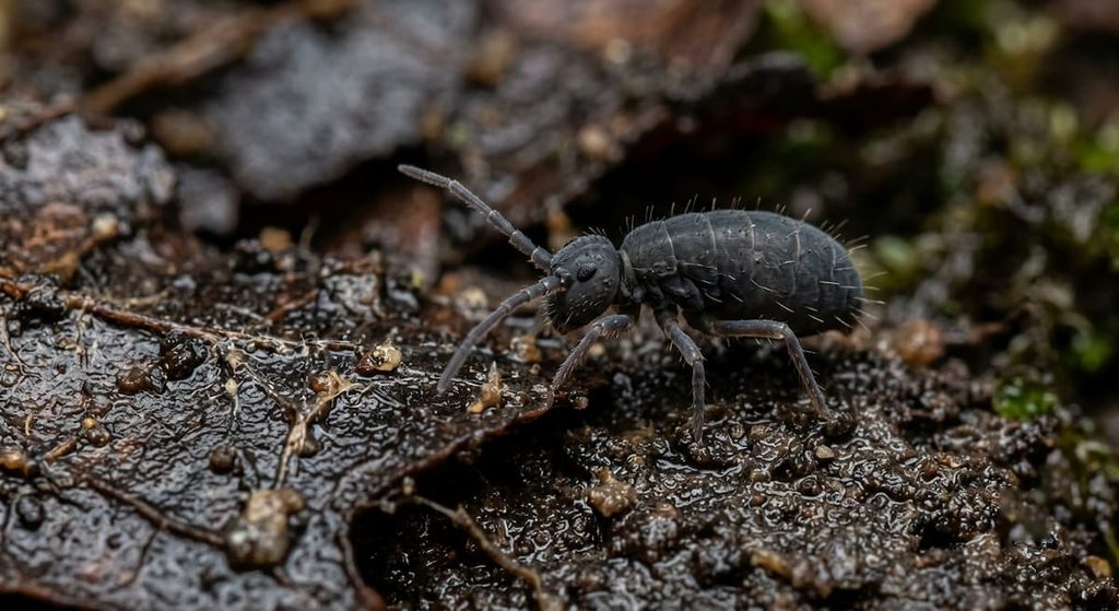 A springtail on moist soil, illustrating a hexapod classified separately from Insecta.