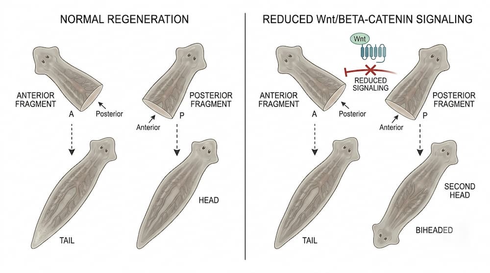 Scientific illustration comparing normal head-tail regeneration in planarians with abnormal head formation after experimental disruption of Wnt signaling.