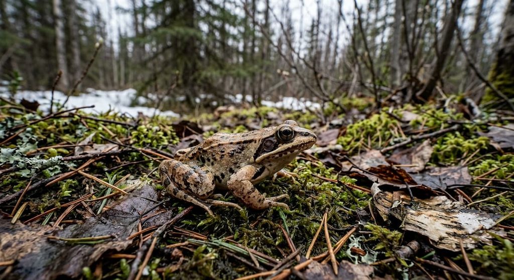 Wood frog in a cold boreal forest habitat in Alaska