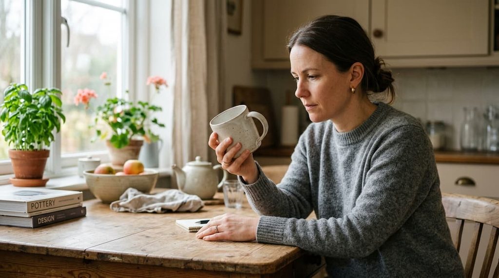 A person closely examining an ordinary ceramic coffee mug