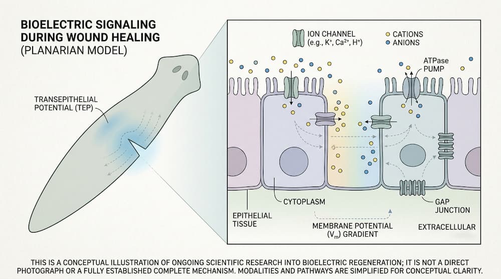 Conceptual illustration of ion channels and electrical signaling in planarian cells during regeneration.