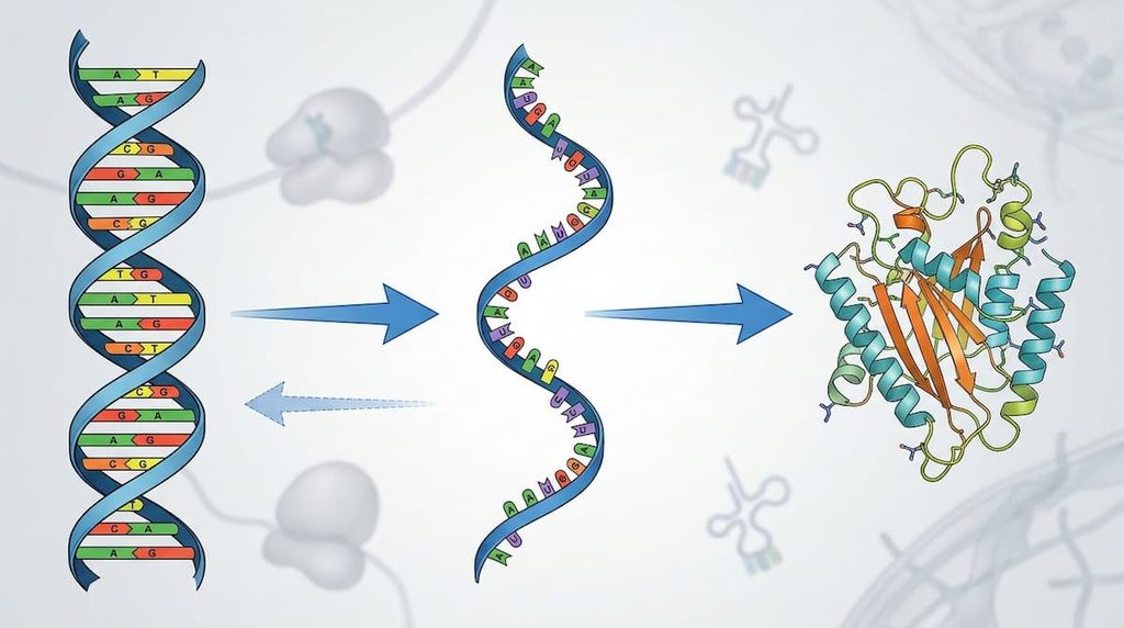 Central dogma showing genetic information flowing from DNA to RNA to protein, with reverse transcription from RNA to DNA.