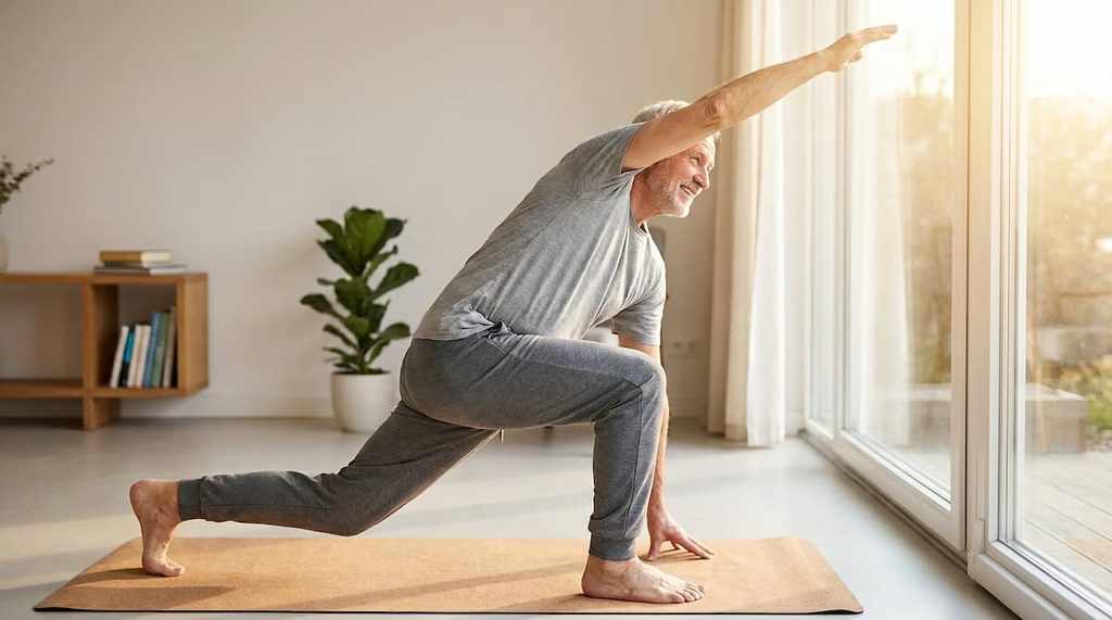Older adult performing a gentle forward bend to demonstrate flexibility