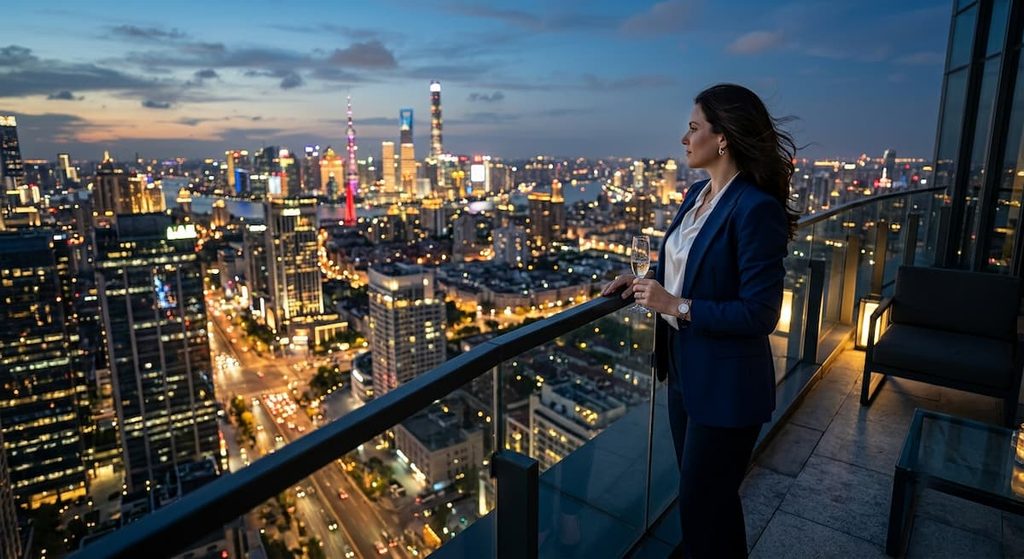 A successful professional looking out over a city skyline